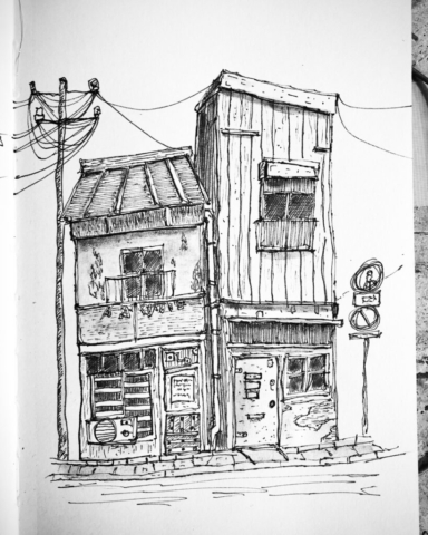 Urban Sketching eines alten Hauses mit Feinliner.