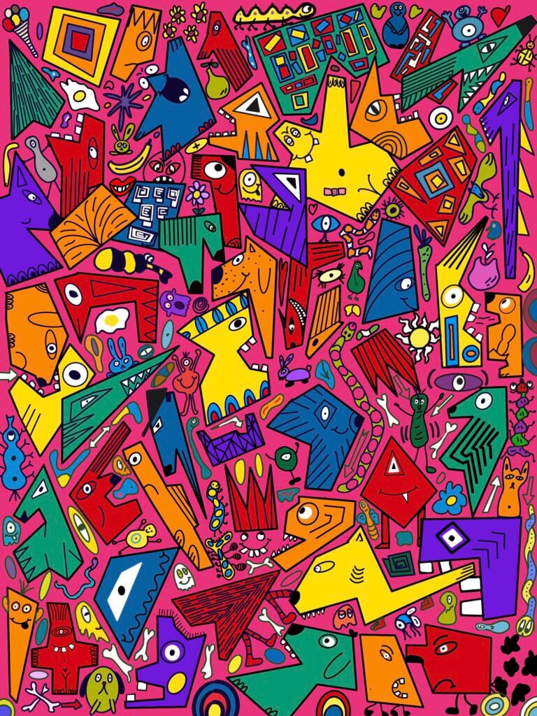 Buntes Wimmelbild mit abstrakten geometrischen Formen, farbenfrohen Tieren, lustigen Gesichtern und spielerischen Details auf pinkem Hintergrund.