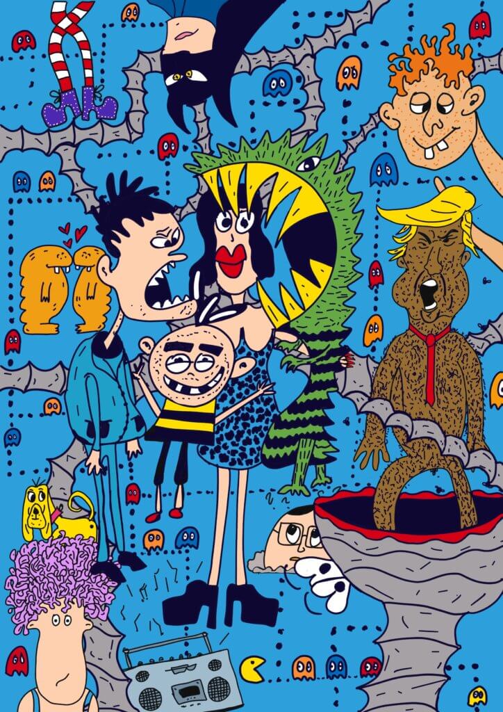Humorvolles Wimmelbild mit schrillen Charakteren, darunter ein schreiender Mann, eine Frau mit extravagantem Haarschmuck, Pac-Man-Geister und ein haariges Wesen im Anzug.