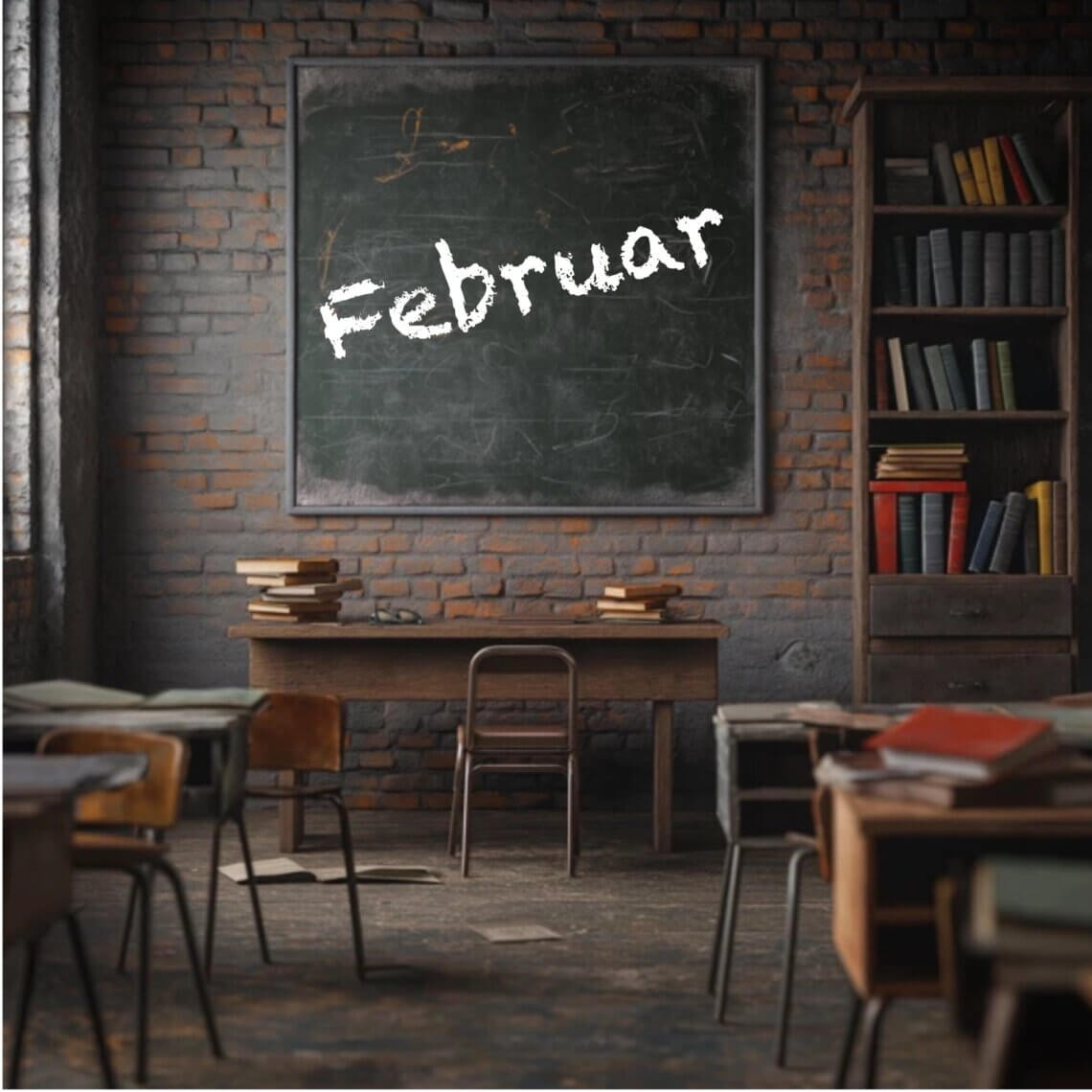 Foto eines alten Klassenzimmers in dem Stühle, ein Bücherregal und Tische stehen. An der Backsteinwand hängt eine Schiefertafel mit der Aufschrift Februar