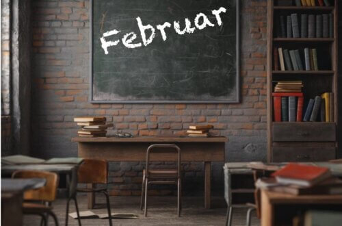 Foto eines alten Klassenzimmers in dem Stühle, ein Bücherregal und Tische stehen. An der Backsteinwand hängt eine Schiefertafel mit der Aufschrift Februar