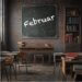 Foto eines alten Klassenzimmers in dem Stühle, ein Bücherregal und Tische stehen. An der Backsteinwand hängt eine Schiefertafel mit der Aufschrift Februar