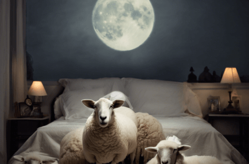 Schafe auf einem Bett. im Hintergrund ein offenes Fenster durch das der Vollmond scheint