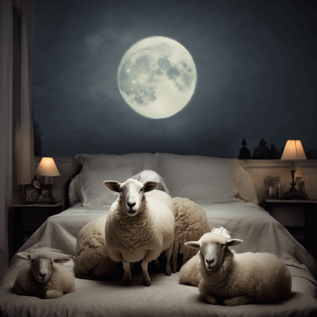 Schafe auf einem Bett. im Hintergrund ein offenes Fenster durch das der Vollmond scheint