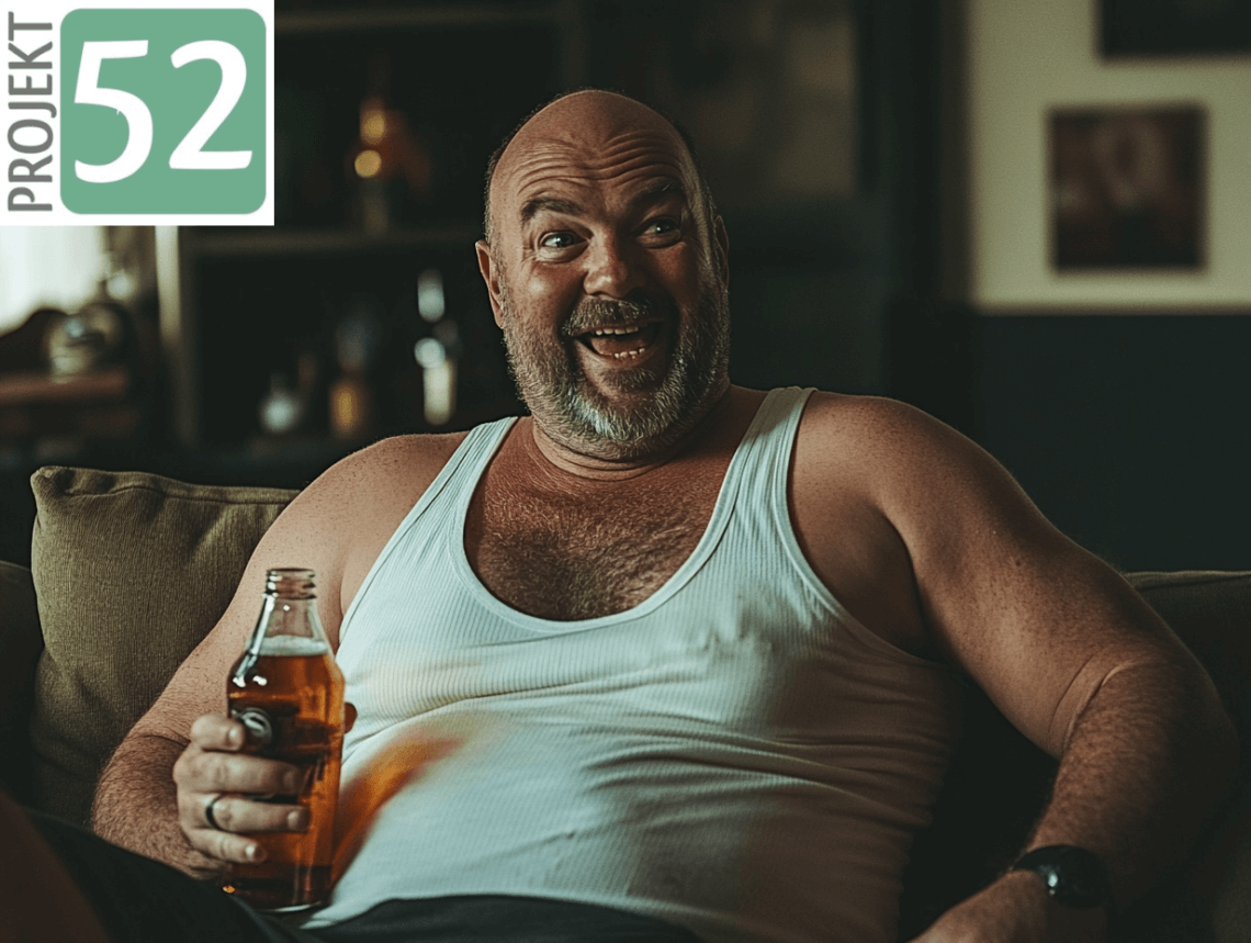 Projekt 52- Veränderung: Mein Ruhestand. Ein fröhlicher, bärtiger Mann mit Glatze sitzt entspannt auf einem Sofa, trägt ein weißes Unterhemd und hält eine Flasche Bier in der Hand. Er lacht herzlich und wirkt ausgelassen. Der Hintergrund zeigt ein gemütlich eingerichtetes Wohnzimmer mit Regalen und Dekoration. Mein Ruhestand.