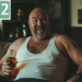 Projekt 52- Veränderung: Mein Ruhestand. Ein fröhlicher, bärtiger Mann mit Glatze sitzt entspannt auf einem Sofa, trägt ein weißes Unterhemd und hält eine Flasche Bier in der Hand. Er lacht herzlich und wirkt ausgelassen. Der Hintergrund zeigt ein gemütlich eingerichtetes Wohnzimmer mit Regalen und Dekoration. Mein Ruhestand.