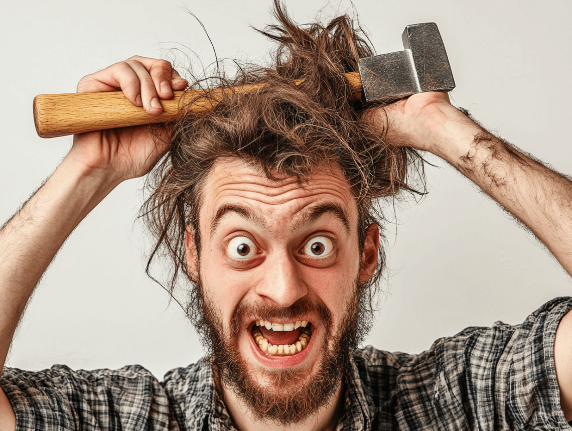 Verrückter Mann mit wirrem Haar kämmt sich mit einem Hammer