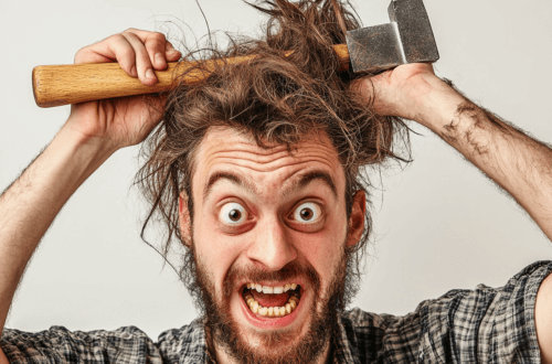 Verrückter Mann mit wirrem Haar kämmt sich mit einem Hammer