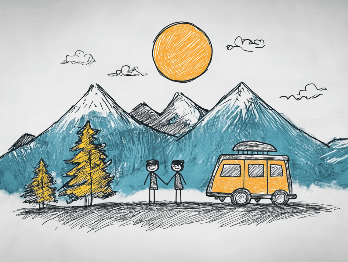 Das Bild zeigt eine handgezeichnete Skizze im Kritzelstil mit einer farbigen, leicht abstrakten Landschaft. Im Vordergrund stehen zwei Strichmännchen, die sich an den Händen halten, neben einem orangefarbenen Wohnmobil mit Dachgepäckträger. Im Hintergrund sind hohe, schneebedeckte Berge in Blau- und Grautönen, einige gelb-orange Nadelbäume und eine große, leuchtend orange Sonne am Himmel. Zudem sind ein paar Wolken und eine kleine, liegende Figur auf einer Wolke zu sehen. Das Bild vermittelt eine entspannte Reiseszene in der Natur. Genuss - Was sind meine Genussmomente