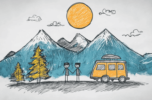 Das Bild zeigt eine handgezeichnete Skizze im Kritzelstil mit einer farbigen, leicht abstrakten Landschaft. Im Vordergrund stehen zwei Strichmännchen, die sich an den Händen halten, neben einem orangefarbenen Wohnmobil mit Dachgepäckträger. Im Hintergrund sind hohe, schneebedeckte Berge in Blau- und Grautönen, einige gelb-orange Nadelbäume und eine große, leuchtend orange Sonne am Himmel. Zudem sind ein paar Wolken und eine kleine, liegende Figur auf einer Wolke zu sehen. Das Bild vermittelt eine entspannte Reiseszene in der Natur. Genuss - Was sind meine Genussmomente