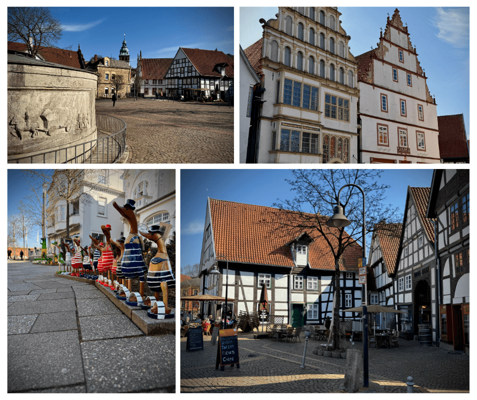 Altstadt von Bad Salzuflen: Historische Fachwerkhäuser, prächtige Giebelhäuser und malerische Gassen prägen das Stadtbild. Der Marktplatz mit gemütlichen Cafés und kunstvollen Skulpturen macht die Kurstadt in NRW zu einem beliebten Reiseziel für Fans von Fachwerkromantik und historischer Architektur in Deutschland.