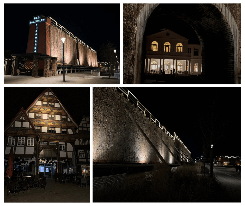 Bad Salzuflen bei Nacht: Beleuchtete Gradierwerke, historische Fachwerkhäuser und das imposante Kurhaus schaffen eine einzigartige Atmosphäre. Die illuminierte Salinenstadt in NRW ist ein beliebtes Reiseziel für Wellness, Erholung und Architektur-Liebhaber.