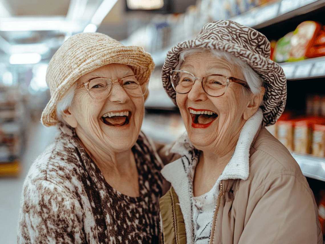wei ältere Frauen mit Strohhüten und Brillen lachen herzlich in einem Supermarkt. Sie stehen eng beieinander vor einem Regal mit Lebensmitteln, strahlen Freude aus und wirken ausgelassen. Die Szene ist hell beleuchtet und vermittelt eine fröhliche Atmosphäre. Mein Wocheneinkauf: Denkanstöße inklusive