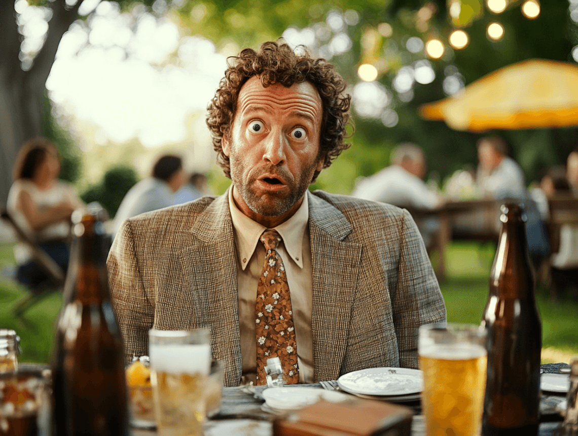 Ein Mann mit lockigem Haar und weit aufgerissenen Augen sitzt in einem Gartenrestaurant oder Biergarten. Er trägt ein braunes kariertes Sakko und eine gemusterte Krawatte. Vor ihm stehen Bierflaschen, Gläser mit Getränken und Teller. Sein Gesichtsausdruck zeigt Überraschung oder Erstaunen. Im Hintergrund sitzen weitere Personen an Tischen unter Lichterketten und Sonnenschirmen. Die Szene wirkt sommerlich und gesellig.