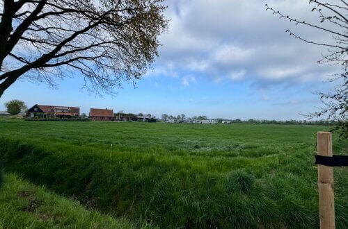 Wohnmobilstellplatz neben einem Bauernhof. Grüne Wiese drumherum mit blauem Himmel und ein paar Wolken.