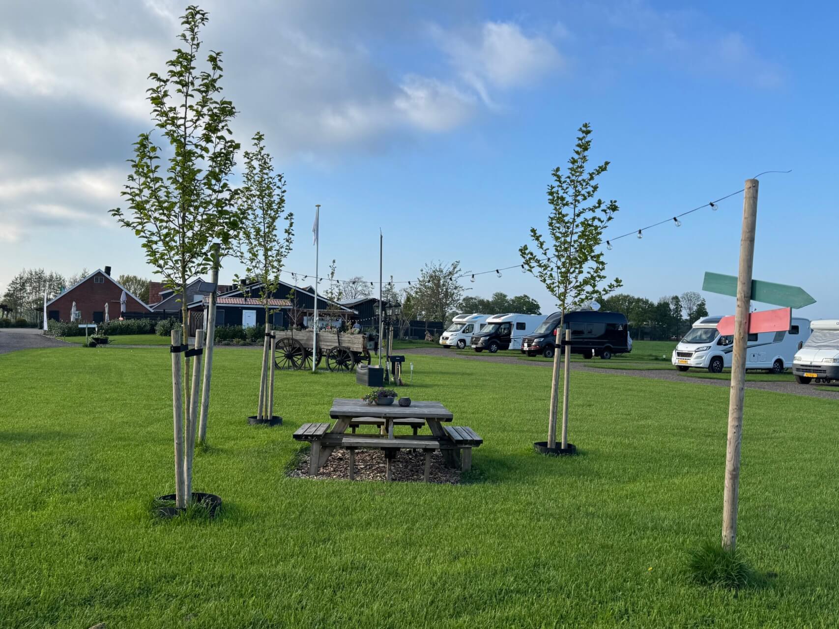 Wohnmobilstellplatz auf grüner Wiese mit einzelnen Bäumen, geparkten Wohnmobilen und Bauernhofgebäuden im Hintergrund unter blauem Himmel.“