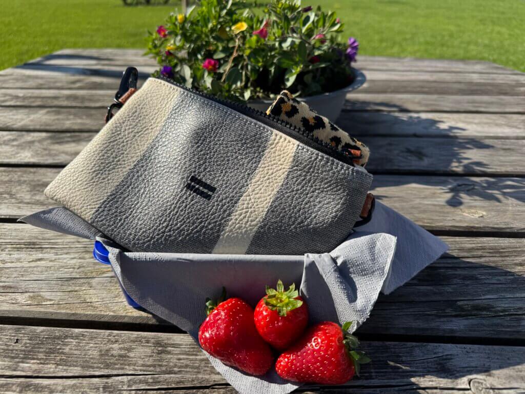Kleines, gestreiftes Lederetui mit Reißverschluss liegt auf einer grauen Serviette, daneben drei frische Erdbeeren; im Hintergrund ein Blumentopf mit bunten Blüten auf einem hölzernen Picknicktisch im Grünen.