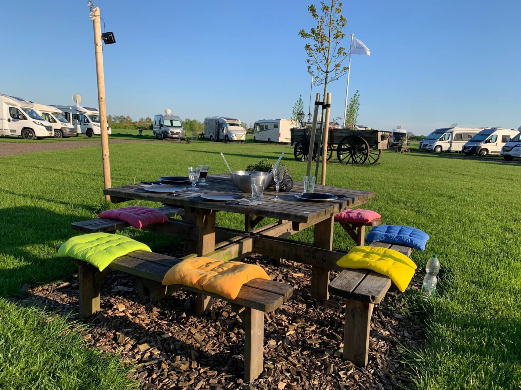 Wohnmobilstellplatz mit gepflegtem Rasen, Picknickbank unter jungen Bäumen und mehreren geparkten Wohnmobilen bei sonnigem Wetter.“
