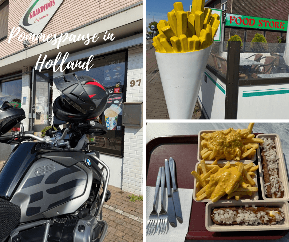 Pommespause während Motorradtour in Holland: BMW GS vor Imbiss Grandioos Cafetaria, riesige Pommes-Deko, typisch holländisches Fast Food mit Frietspezial und Frikandel mit Zwiebeln