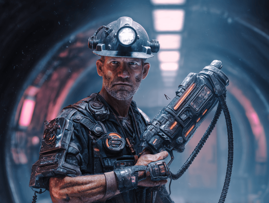 Cyberpunk-Bergmann mit Hightech-Rüstung und Minenhelm hält futuristische Weltraumwaffe in einem düsteren Raumschiff-Korridor