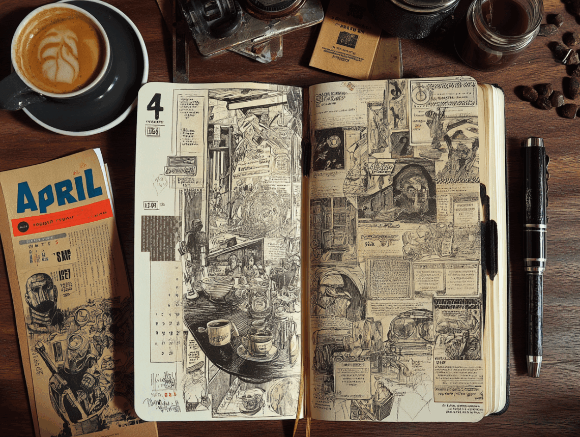 Aufgeschlagenes künstlerisches Bullet Journal im Vintage-Stil mit detailreichen Zeichnungen und handgezeichnetem April-Kalender, umgeben von einer Tasse Kaffee mit Latte Art, einem Retro-Kalenderblatt, Füllfederhalter, Kamera und Kaffeebohnen auf einem Holztisch. Monatsrückblick April.