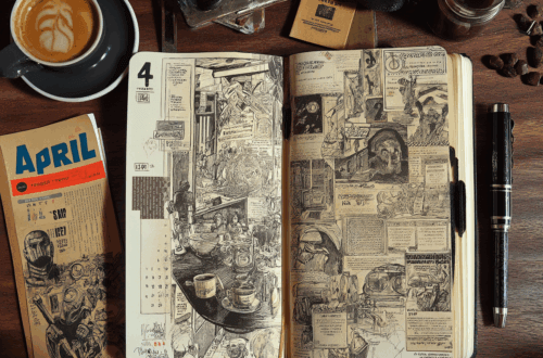 Aufgeschlagenes künstlerisches Bullet Journal im Vintage-Stil mit detailreichen Zeichnungen und handgezeichnetem April-Kalender, umgeben von einer Tasse Kaffee mit Latte Art, einem Retro-Kalenderblatt, Füllfederhalter, Kamera und Kaffeebohnen auf einem Holztisch. Monatsrückblick April.