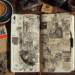 Aufgeschlagenes künstlerisches Bullet Journal im Vintage-Stil mit detailreichen Zeichnungen und handgezeichnetem April-Kalender, umgeben von einer Tasse Kaffee mit Latte Art, einem Retro-Kalenderblatt, Füllfederhalter, Kamera und Kaffeebohnen auf einem Holztisch. Monatsrückblick April.