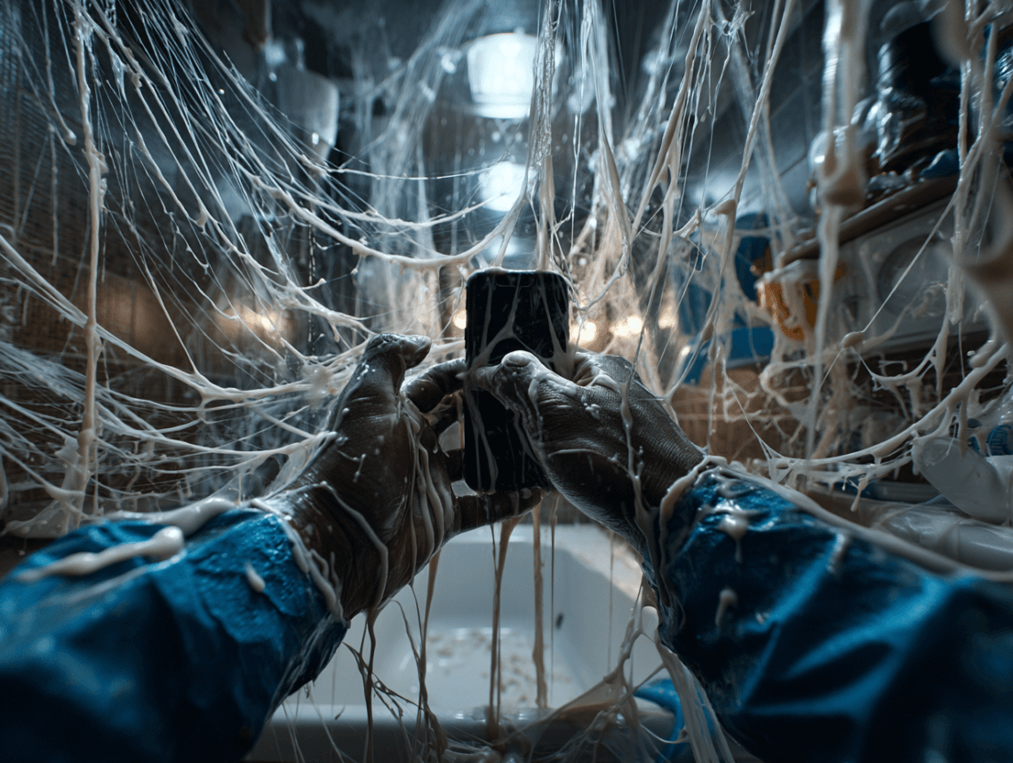 Nahaufnahme der Hände eines Installateurs in blauer Arbeitskleidung, Hände und Unterarme gestochen scharf, der Körper im Hintergrund unscharf. Die Handflächen zeigen zueinander und halten ein neues iPhone dazwischen. Dickflüssiger weißer Kleber verbindet chaotisch die Finger mit dem Smartphone, zieht Fäden. Beleuchtet durch dramatisches Tageslicht, das durch ein Fenster fällt, mit stimmungsvollen Schatten und filmischer Atmosphäre. Chaotische, surreale Stimmung. Im Stil von Gregory Crewdson. Nur keine Langeweile im Ruhestand