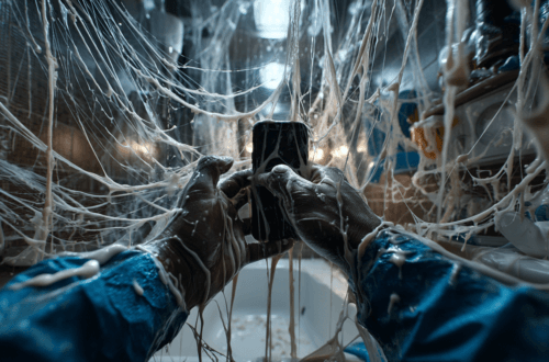 Nahaufnahme der Hände eines Installateurs in blauer Arbeitskleidung, Hände und Unterarme gestochen scharf, der Körper im Hintergrund unscharf. Die Handflächen zeigen zueinander und halten ein neues iPhone dazwischen. Dickflüssiger weißer Kleber verbindet chaotisch die Finger mit dem Smartphone, zieht Fäden. Beleuchtet durch dramatisches Tageslicht, das durch ein Fenster fällt, mit stimmungsvollen Schatten und filmischer Atmosphäre. Chaotische, surreale Stimmung. Im Stil von Gregory Crewdson. Nur keine Langeweile im Ruhestand