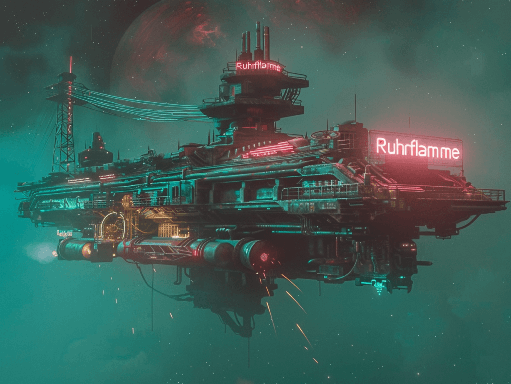 Realistische KI-generierte Illustration eines interstellaren Raumkreuzers mit Bergbau- und Waffensystemen, der über einem Planeten schwebt – mit leuchtendem Schriftzug „Ruhrflamme“ und Ruhrpott-Industrie-Design im Blade-Runner-Stil.