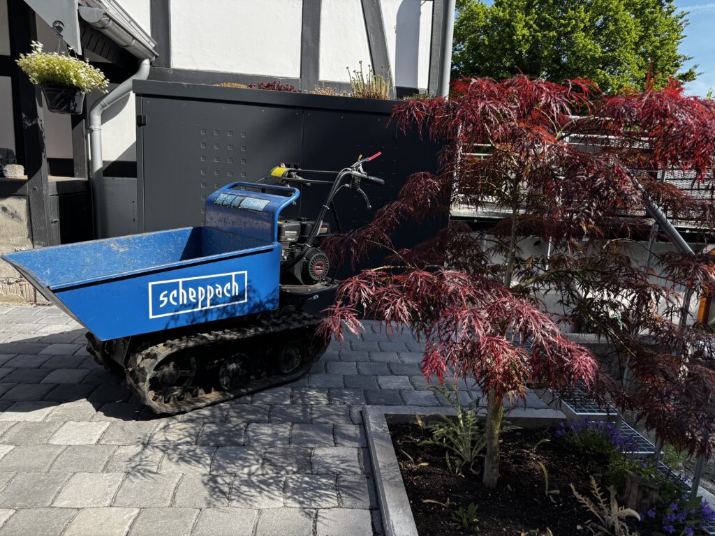 Blauer Scheppach-Motor-Schubkarren mit Kettenantrieb steht auf gepflastertem Hof neben einem roten Zierahorn in einem Hochbeet vor einem Fachwerkhaus bei sonnigem Wetter