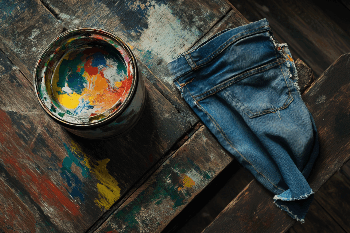Ein Jeans auf einer mit Farbe beschmierten Werkbank. Daneben ein Topf mit Farbe in verschiedenen Tönen. Drabble am Dienstag.