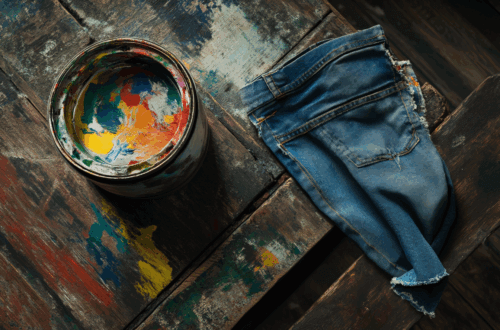 Ein Jeans auf einer mit Farbe beschmierten Werkbank. Daneben ein Topf mit Farbe in verschiedenen Tönen. Drabble am Dienstag.
