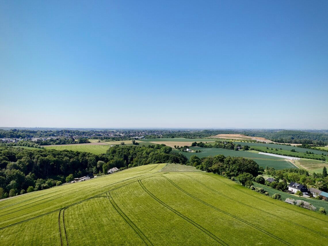 Luftaufnahme einer sanft hügeligen Landschaft mit grünen Feldern im Vordergrund. Im Mittelgrund verlaufen Baumreihen und vereinzelte Häuser. In der Ferne liegt eine weitläufige Ortschaft, umgeben von weiteren Feldern und Wäldern. Darüber spannt sich ein wolkenloser, blauer Himmel.