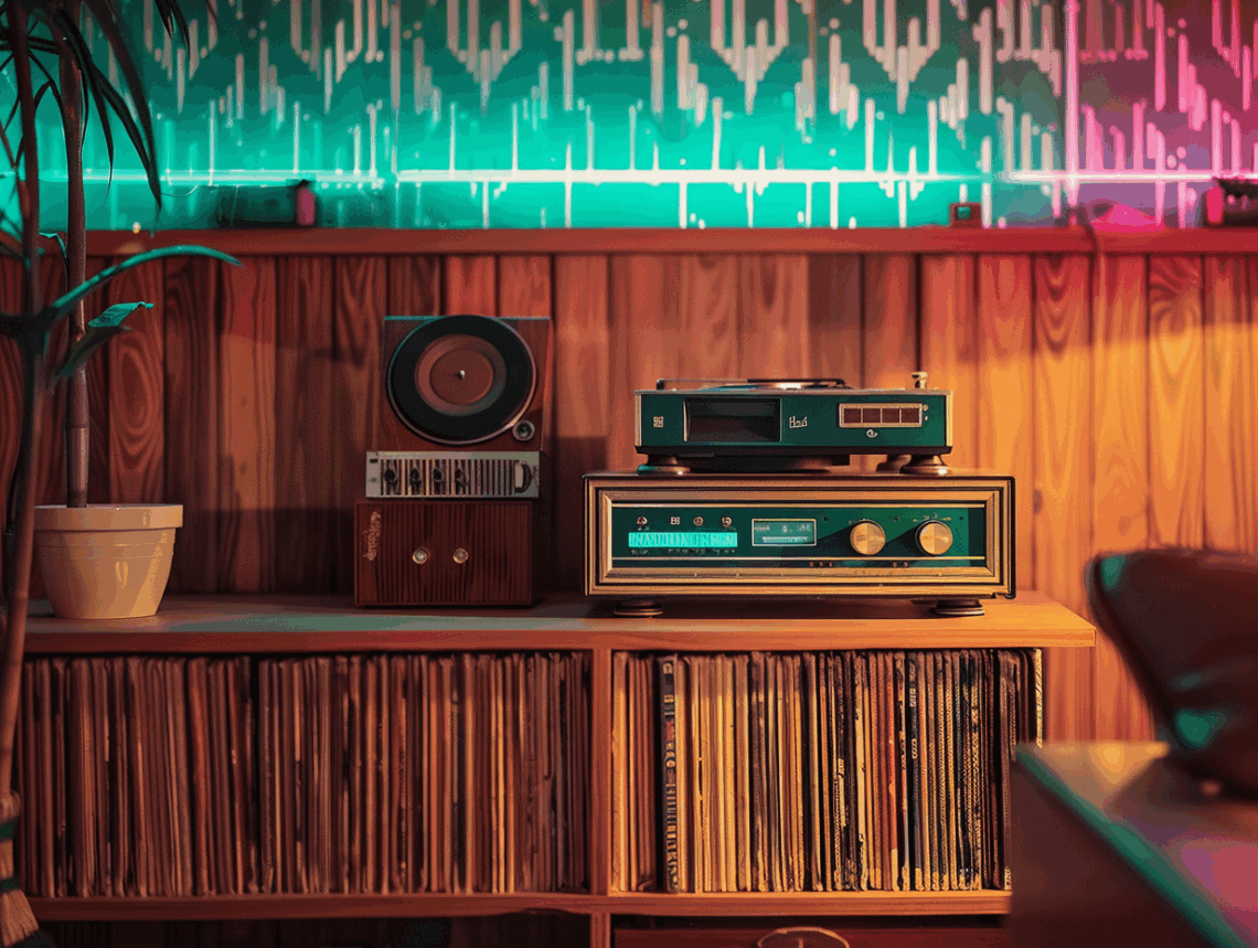 Stilvoll eingerichtetes Retro-Wohnzimmer mit Mid-Century-Möbeln, Vintage-Plattenspieler, Vinylregal und farbiger LED-Wandbeleuchtung – nostalgisches Interior Design mit warmem Holz und dekorativen Details. Dienstags Drabble