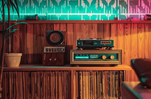 Stilvoll eingerichtetes Retro-Wohnzimmer mit Mid-Century-Möbeln, Vintage-Plattenspieler, Vinylregal und farbiger LED-Wandbeleuchtung – nostalgisches Interior Design mit warmem Holz und dekorativen Details. Dienstags Drabble