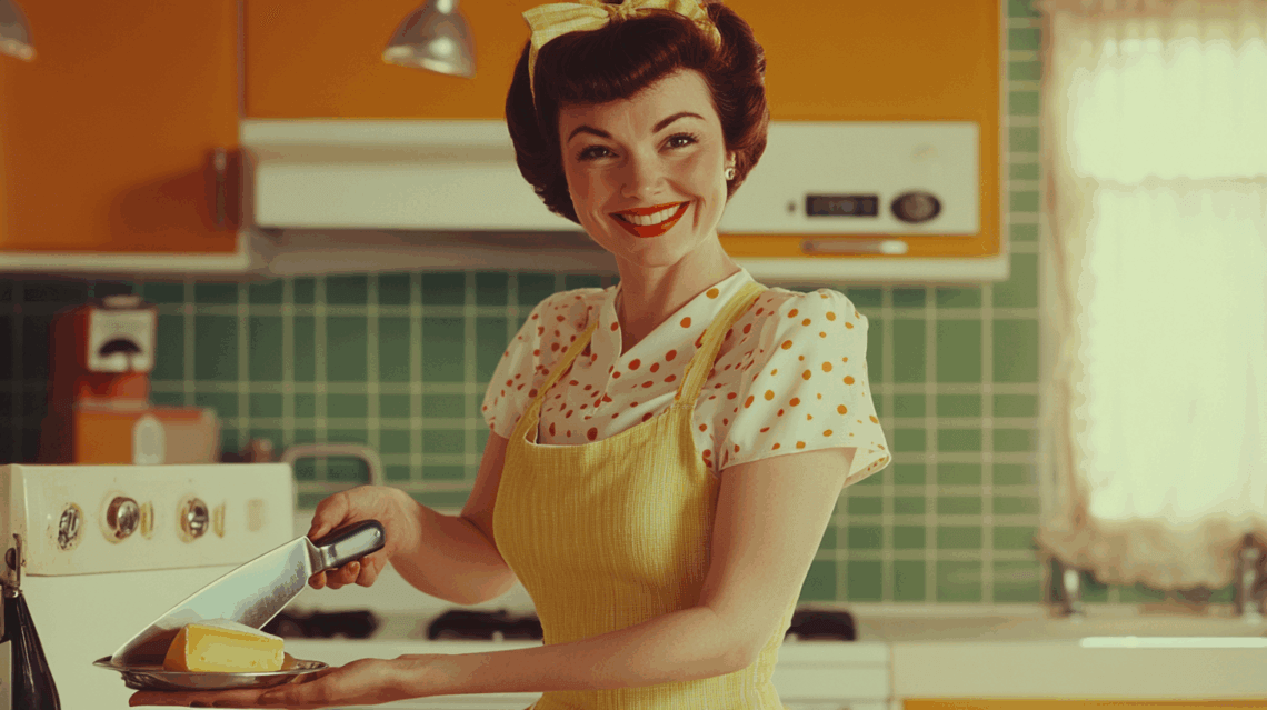 Symbolbild für Muttertag mit Retro-Charme: Frau in gelber Schürze mit Käsehobel. Muttertag im Altenheim