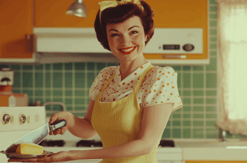 Symbolbild für Muttertag mit Retro-Charme: Frau in gelber Schürze mit Käsehobel. Muttertag im Altenheim