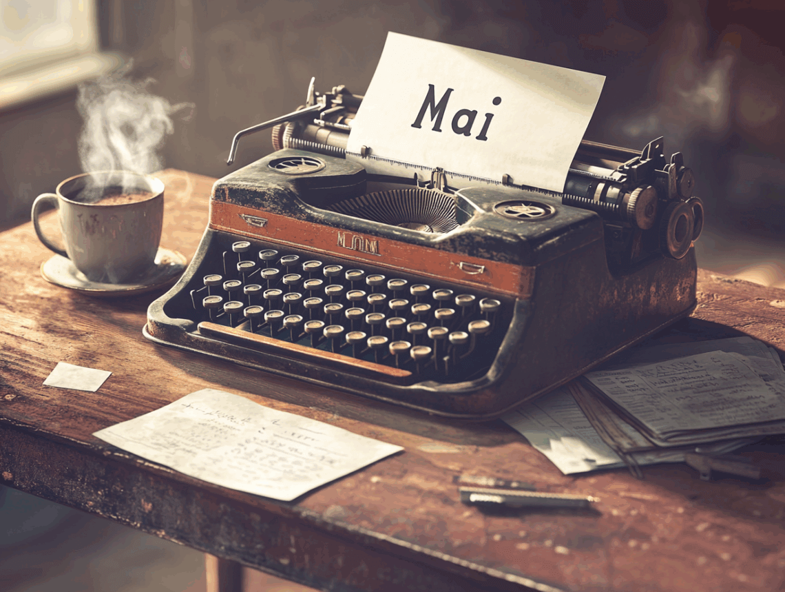 Vintage-Schreibtisch mit alter Schreibmaschine, in der ein Blatt Papier mit dem Wort „Mai“ eingespannt ist. Daneben steht eine dampfende Kaffeetasse, lose Blätter liegen auf dem Tisch. Warmes Licht erzeugt eine nostalgische, gemütliche Atmosphäre – perfektes Kalenderbild für den Monat Mai. Rentnerleben im Mai. Ein Monatsrückblick.
