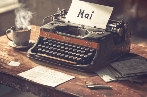 Vintage-Schreibtisch mit alter Schreibmaschine, in der ein Blatt Papier mit dem Wort „Mai“ eingespannt ist. Daneben steht eine dampfende Kaffeetasse, lose Blätter liegen auf dem Tisch. Warmes Licht erzeugt eine nostalgische, gemütliche Atmosphäre – perfektes Kalenderbild für den Monat Mai. Rentnerleben im Mai. Ein Monatsrückblick.