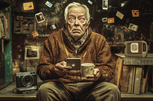 Ein älterer Mann mit überraschter Mimik sitzt in gemütlicher Kleidung in einem Bücherzimmer. In der einen Hand hält er ein modernes Smartphone, in der anderen eine Tasse mit Comicmotiv. Um ihn herum schweben nostalgische und digitale Symbole wie Polaroid-Fotos, Kassetten, Emojis und App-Icons. Neben ihm stehen ein Retro-Fotoapparat, alte Bücher und ein Diaprojektor. Die Szene symbolisiert humorvoll den Kontrast heutzutage vs. früher