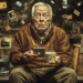 Ein älterer Mann mit überraschter Mimik sitzt in gemütlicher Kleidung in einem Bücherzimmer. In der einen Hand hält er ein modernes Smartphone, in der anderen eine Tasse mit Comicmotiv. Um ihn herum schweben nostalgische und digitale Symbole wie Polaroid-Fotos, Kassetten, Emojis und App-Icons. Neben ihm stehen ein Retro-Fotoapparat, alte Bücher und ein Diaprojektor. Die Szene symbolisiert humorvoll den Kontrast heutzutage vs. früher