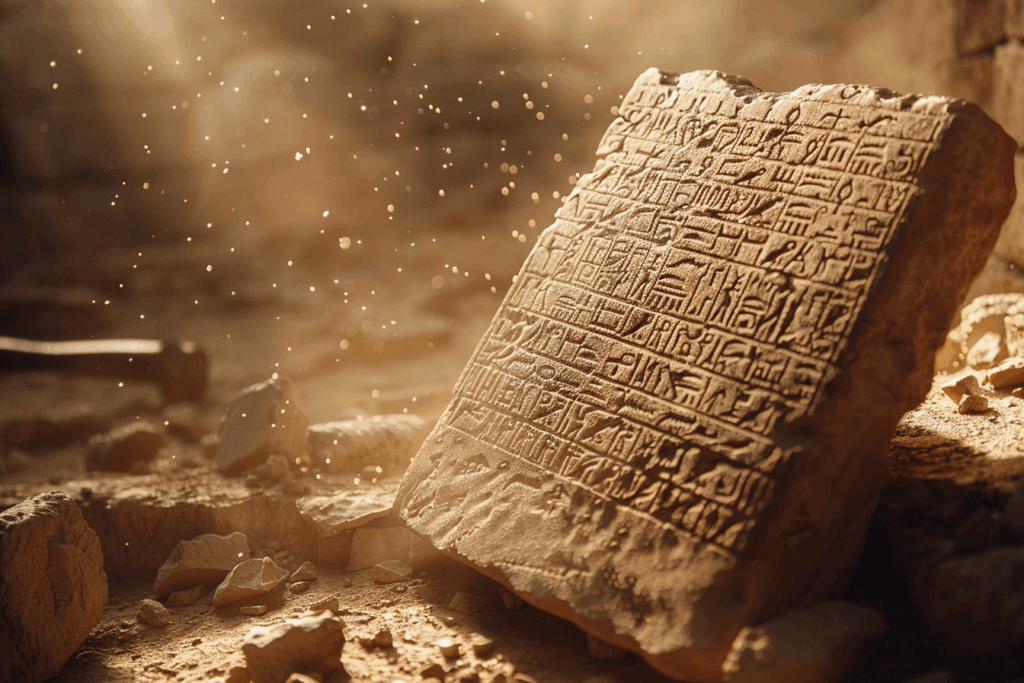 Antike Tontafel mit Keilschrift in staubiger Ausgrabungsstätte, beleuchtet von warmem Sonnenlicht mit schwebenden Staubpartikeln; archäologisches Artefakt aus Mesopotamien mit gut erhaltener Inschrift auf rissigem Lehmboden. Ein Hoch auf das Digitalisierung-Dings