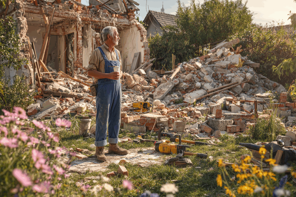 Älterer Mann im Blaumann mit Kaffeebecher steht nachdenklich vor einer chaotischen Gartenbaustelle mit Bauschutt, zerstörter Mauer, Flex, Spitzhacke und Presslufthammer – Sommernachmittag, leicht humorvolle Szenerie im Ruhestand. Ruhestand mit Haus und Baustelle