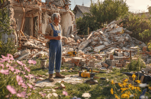 Älterer Mann im Blaumann mit Kaffeebecher steht nachdenklich vor einer chaotischen Gartenbaustelle mit Bauschutt, zerstörter Mauer, Flex, Spitzhacke und Presslufthammer – Sommernachmittag, leicht humorvolle Szenerie im Ruhestand. Ruhestand mit Haus und Baustelle