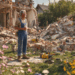 Älterer Mann im Blaumann mit Kaffeebecher steht nachdenklich vor einer chaotischen Gartenbaustelle mit Bauschutt, zerstörter Mauer, Flex, Spitzhacke und Presslufthammer – Sommernachmittag, leicht humorvolle Szenerie im Ruhestand. Ruhestand mit Haus und Baustelle