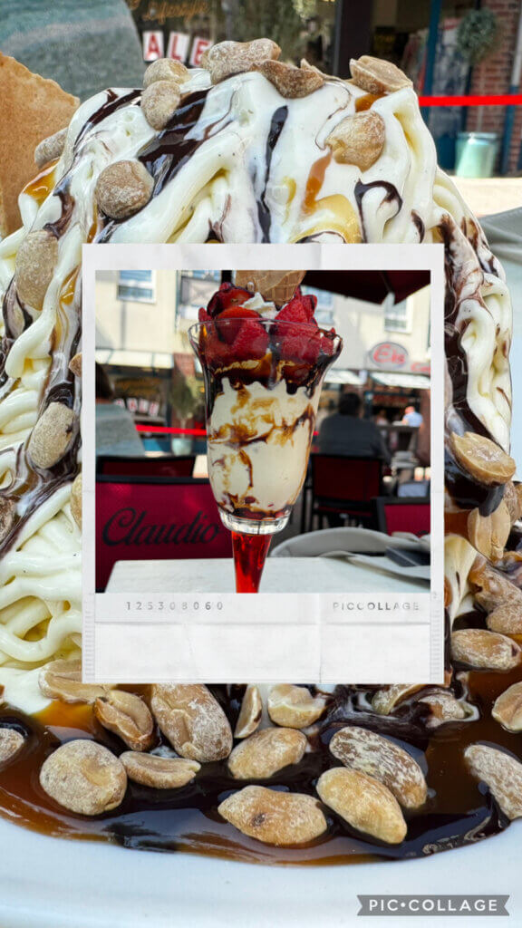 Collage Spaghetti-Eis mit Karamell, Erdbeeren, Schokosoße und gerösteten Erdnüssen