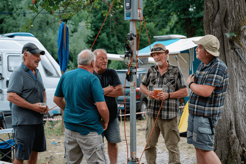 Fünf Männer stehen auf einem Campingplatz um eine Stromsäule, diskutieren lebhaft, halten Kabel und Biergläser in den Händen.