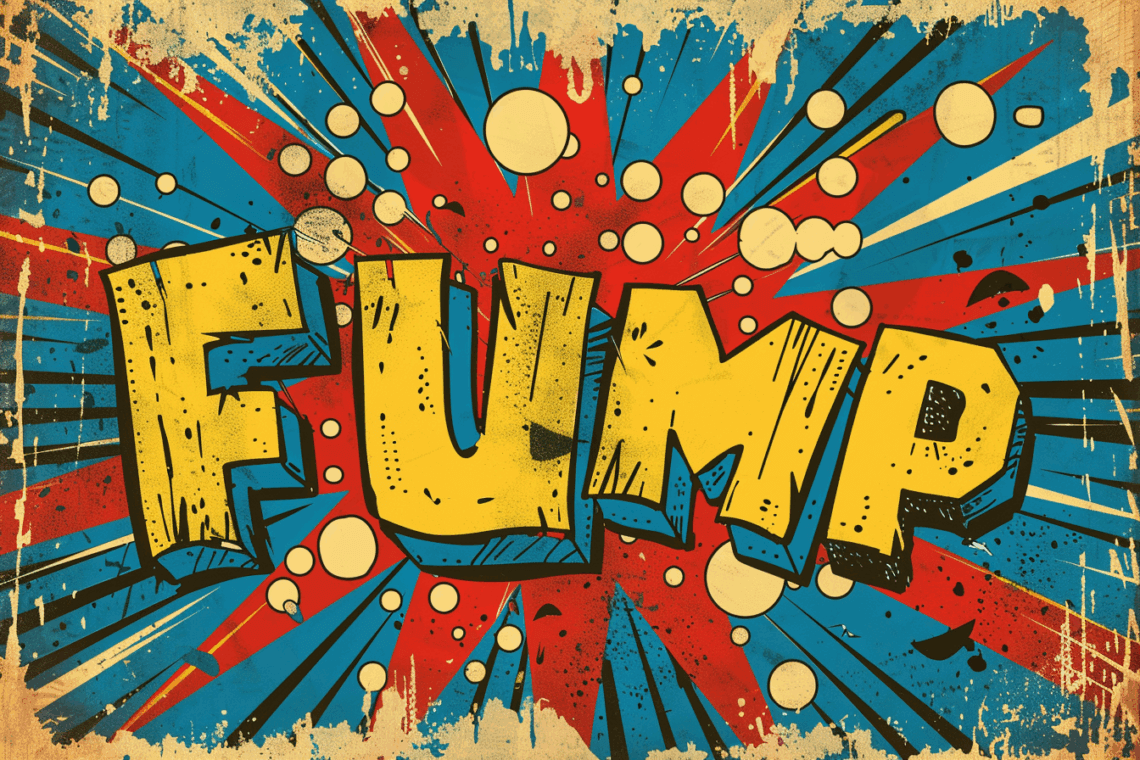 „Comic-Illustration im Vintage-Stil mit dem lautmalerischen Schriftzug ‚FUMP‘ in großen, gelben Blockbuchstaben. Umgeben von roten und blauen Explosionseffekten, weißen Kreisen und schwarzen Linien, die Bewegung und Lautstärke darstellen. Der Hintergrund wirkt wie gealtertes Papier mit Halftone-Textur.“