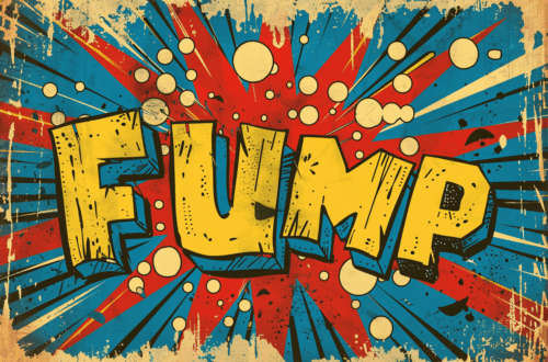 „Comic-Illustration im Vintage-Stil mit dem lautmalerischen Schriftzug ‚FUMP‘ in großen, gelben Blockbuchstaben. Umgeben von roten und blauen Explosionseffekten, weißen Kreisen und schwarzen Linien, die Bewegung und Lautstärke darstellen. Der Hintergrund wirkt wie gealtertes Papier mit Halftone-Textur.“
